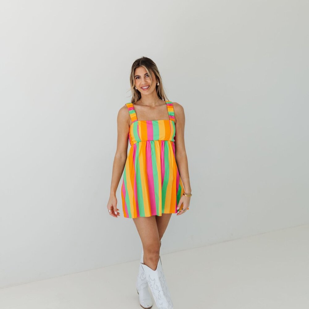 Show Me Your MuMu Neon Pink Green Orange Striped Mini Dress - Picture 6 of 15
